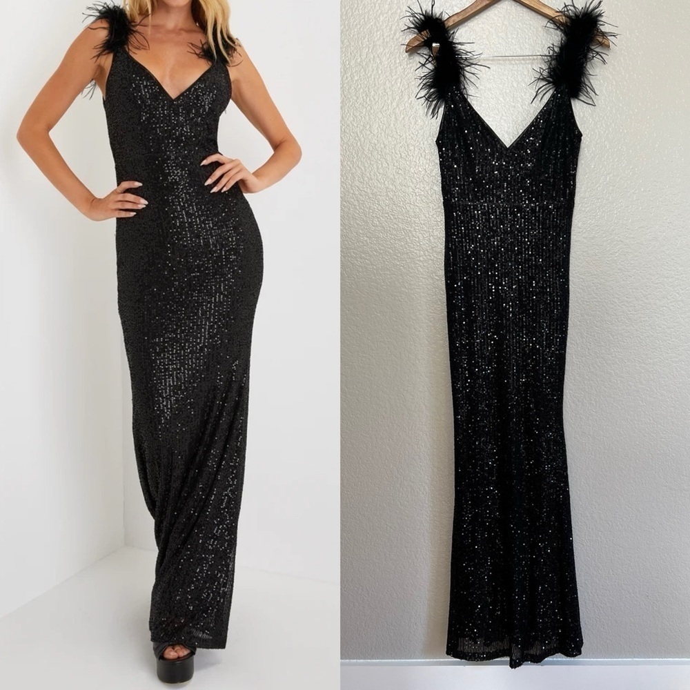 NWOT Sensational Celebration Black Sequin Feather Backless Maxi Dress
